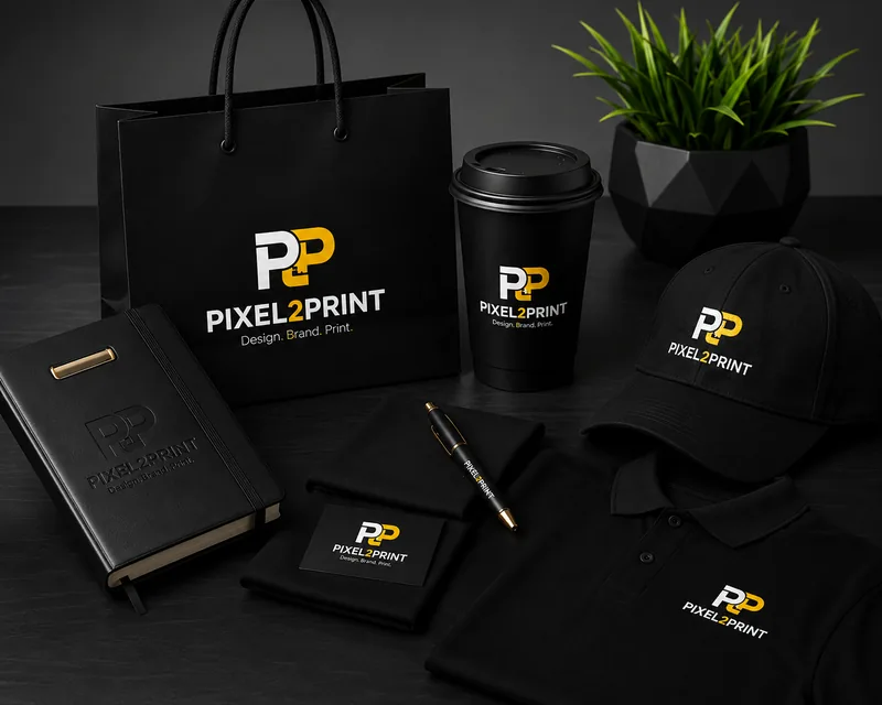 Pixel2Print branded merchandise — bag, cup, notebook, cap, pen and polo shirt
