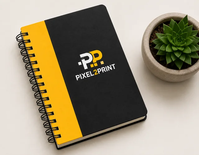 Branded yellow spiral notebook