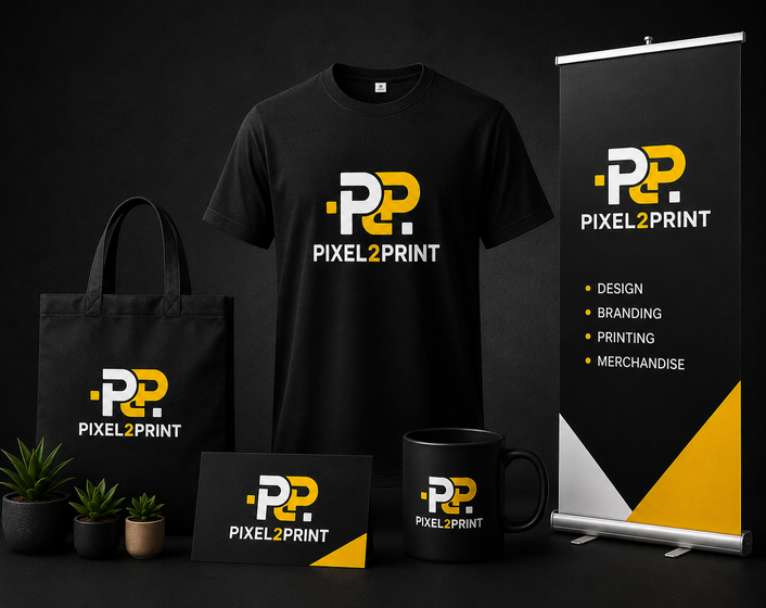 Pixel2Print branded merchandise — t-shirt, tote bag, mug, business card and roll-up banner
