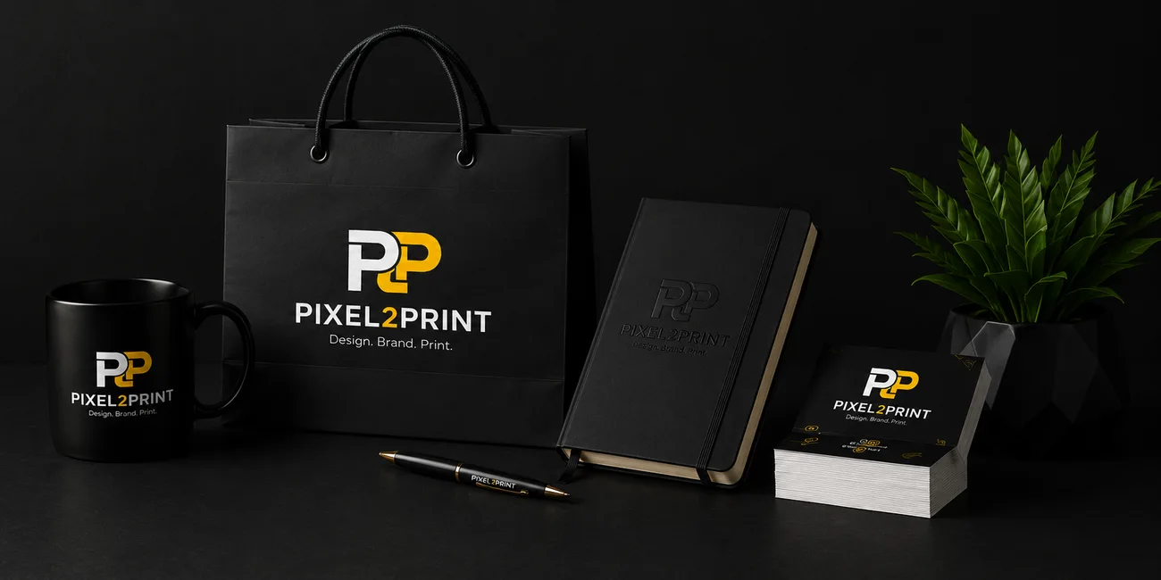 Pixel2Print branded merchandise — bag, mug, notebook, pen and business cards