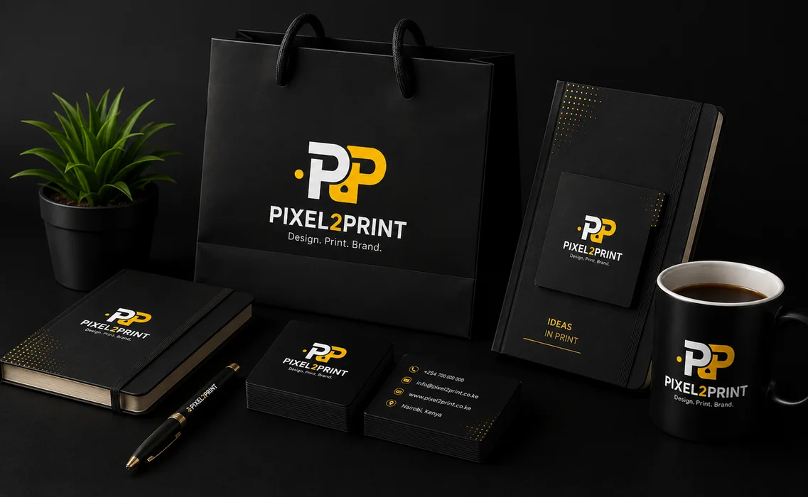 Pixel2Print branded merchandise — bag, notebooks, business cards and mug